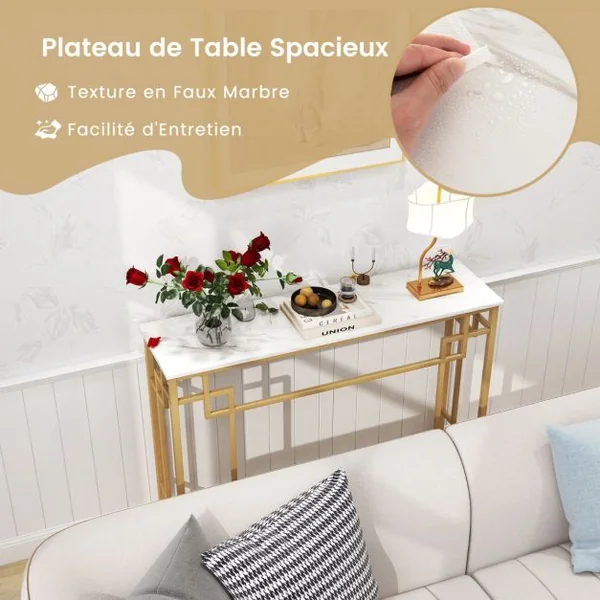 Table Console Meuble d'Entrée en Faux Marbre Cadre en Métal Doré Design Géométrique Kit Anti-Basculement 110 x 30 x 81 cm Blanc
