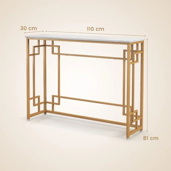Table Console Meuble d'Entrée en Faux Marbre Cadre en Métal Doré Design Géométrique Kit Anti-Basculement 110 x 30 x 81 cm Blanc