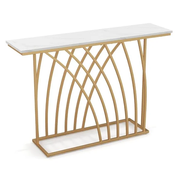 Table Console Meuble d'Entrée en Faux Marbre Design Géométrique Moderne Cadre en Métal Doré Kit Anti-Basculement 120 x 30 x 80 cm Blanc et Or