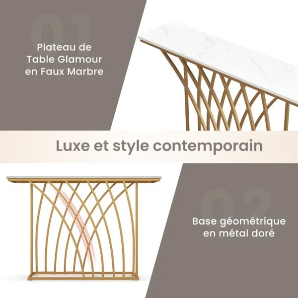 Table Console Meuble d'Entrée en Faux Marbre Design Géométrique Moderne Cadre en Métal Doré Kit Anti-Basculement 120 x 30 x 80 cm Blanc et Or