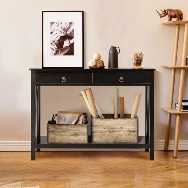 Table Console Meuble Entrée 2 Tiroirs 106,5 x 35,5 x 78,5 cm (L x l x H) en Bois Noir