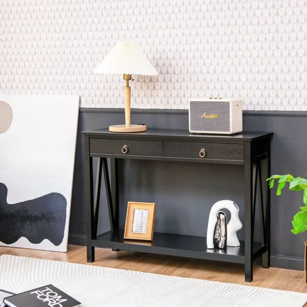 Table Console Meuble Entrée 2 Tiroirs 106,5 x 35,5 x 78,5 cm (L x l x H) en Bois Noir