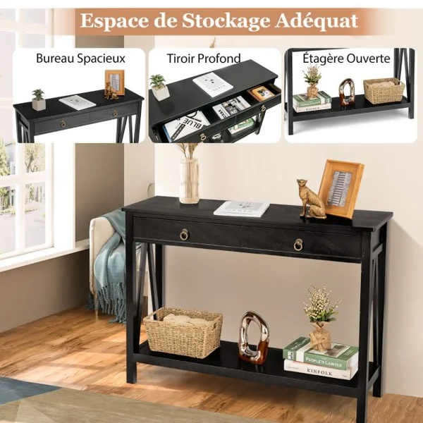 Table Console Meuble Entrée 2 Tiroirs 106,5 x 35,5 x 78,5 cm (L x l x H) en Bois Noir