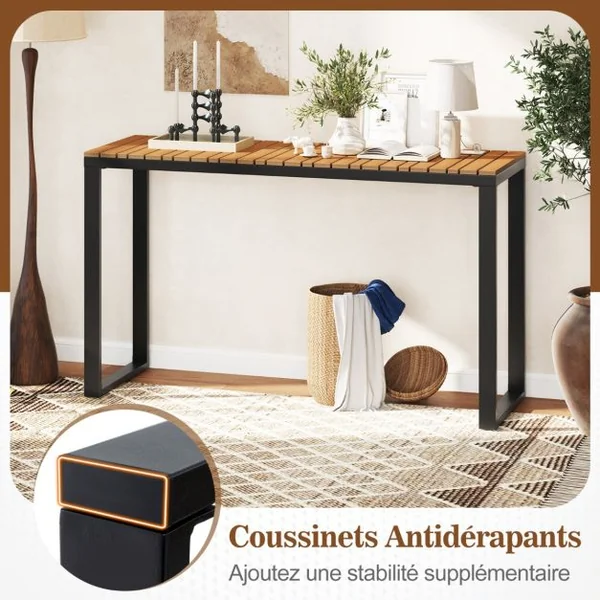 Table Console Rectangulaire d’Extérieur Table d’Appoint de Patio Plateau en WPC Durable et Cadre en Métal Marron et Noir