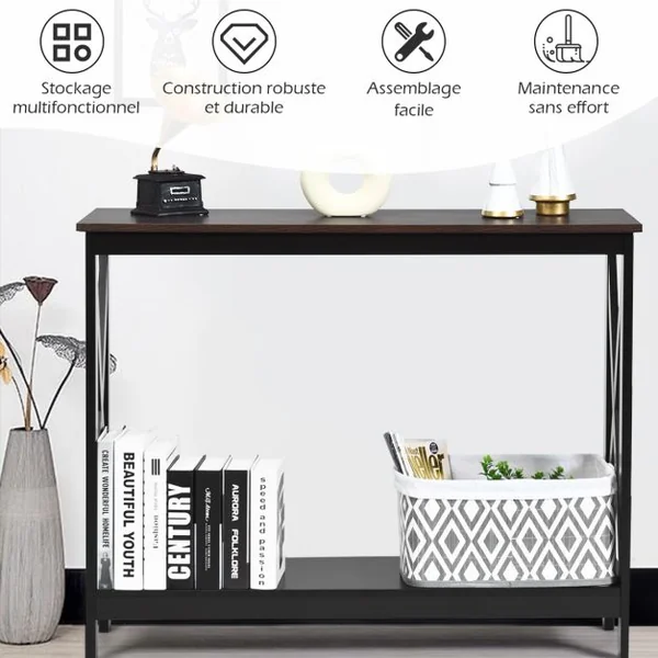 Table Console Table de Canapé Style Industriel 100 x 30 x 80 CM avec 1 Étagère de Rangement pour Salon Entrée Naturel/Café/Noir/Blanc