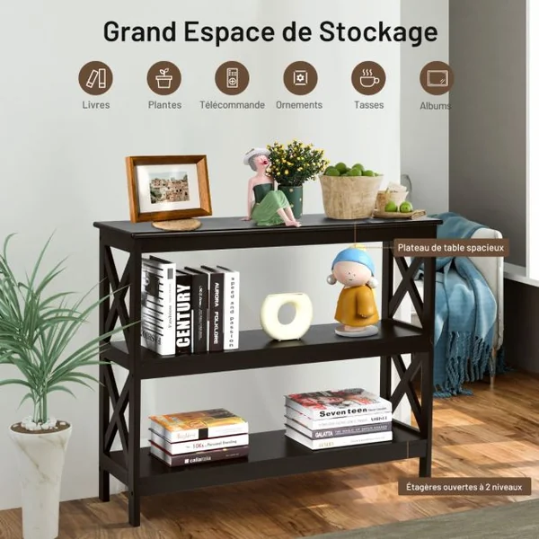 Table Console Table de Canapé Style Industriel 100 x 33 x 80 CM avec 2 Étagère de Rangement Blanc/Noir/Café