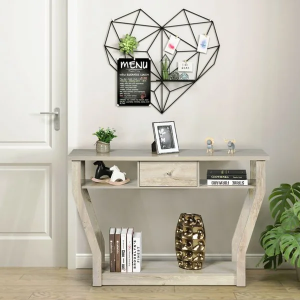 Table Console Vintage avec 1 Tiroir 3 Compartiments pour L'entrée Salon Couloir en MDF 120x30x81cm Noir/Brun/Gris