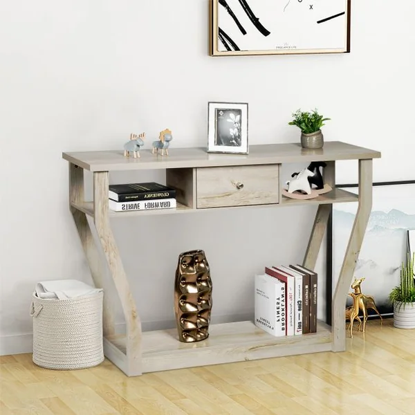 Table Console Vintage avec 1 Tiroir 3 Compartiments pour L'entrée Salon Couloir en MDF 120x30x81cm Noir/Brun/Gris