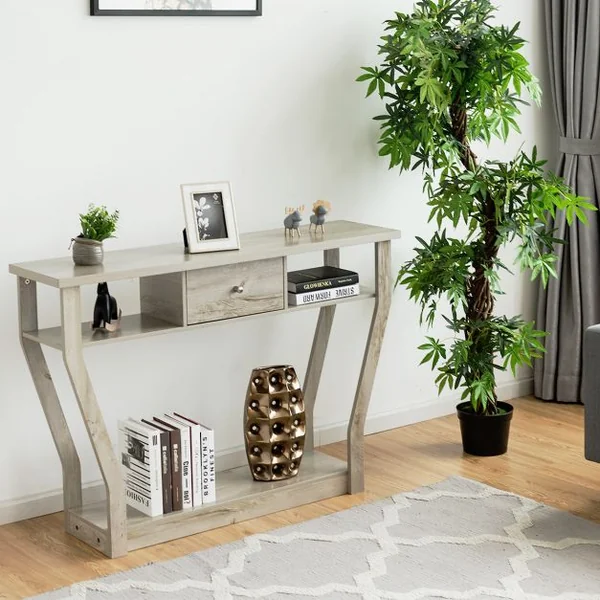 Table Console Vintage avec 1 Tiroir 3 Compartiments pour L'entrée Salon Couloir en MDF 120x30x81cm Noir/Brun/Gris