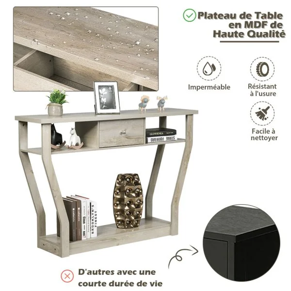 Table Console Vintage avec 1 Tiroir 3 Compartiments pour L'entrée Salon Couloir en MDF 120x30x81cm Noir/Brun/Gris