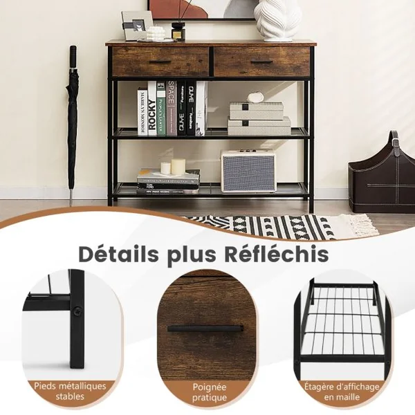 Table Console à 2 niveaux 2 Tiroirs 100 x 30 x 81,5 CM Style Industriel Cadre en Métal Meuble d' Entrée Brun/Café