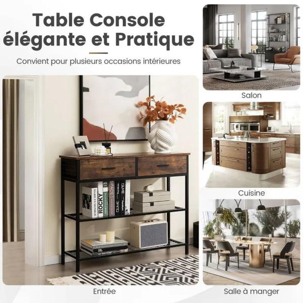 Table Console à 2 niveaux 2 Tiroirs 100 x 30 x 81,5 CM Style Industriel Cadre en Métal Meuble d' Entrée Brun/Café