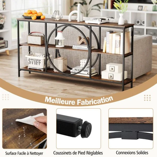Table Console à 3 Niveaux avec Plateau en Faux Marbre Cadre en Métal Haute Résistance Table d'Entrée Table Extra Longue pour Canapé Café