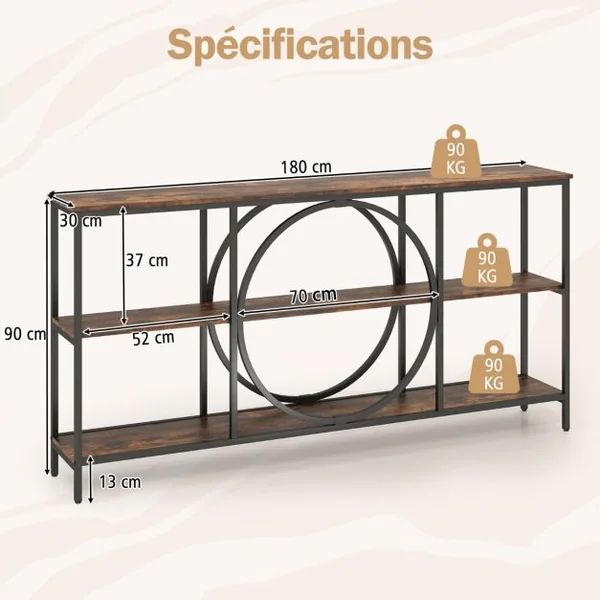 Table Console à 3 Niveaux avec Plateau en Faux Marbre Cadre en Métal Haute Résistance Table d'Entrée Table Extra Longue pour Canapé Café