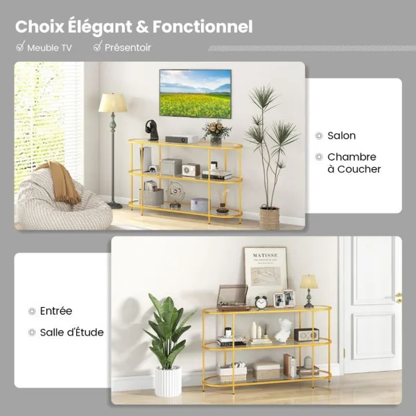 Table Console à 3 Niveaux Meuble TV pour Téléviseurs Jusqu'à 65 Pouces Console TV avec Etagères en Verre Trempé Doré