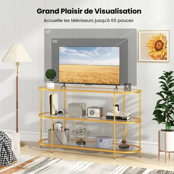 Table Console à 3 Niveaux Meuble TV pour Téléviseurs Jusqu'à 65 Pouces Console TV avec Etagères en Verre Trempé Doré