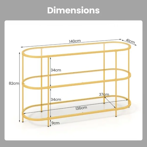 Table Console à 3 Niveaux Meuble TV pour Téléviseurs Jusqu'à 65 Pouces Console TV avec Etagères en Verre Trempé Doré