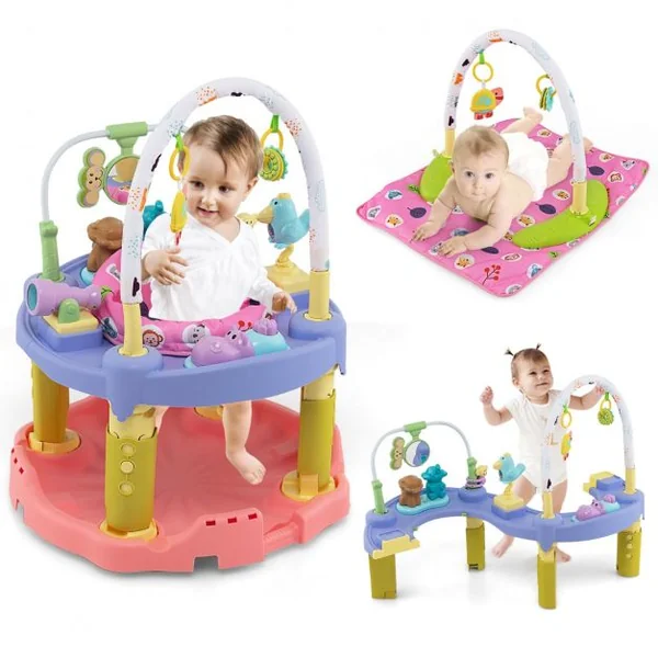 Table d'Activité Bébé Pliable 3 en 1 Trotteur Évolutif Tapis d’Eveil Siège Rotatif 360° Hauteur Réglable sur 3 Niveaux Rose
