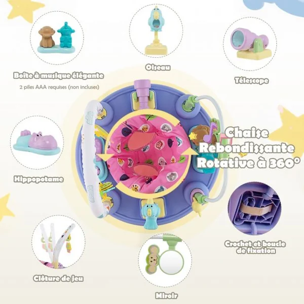Table d'Activité Bébé Pliable 3 en 1 Trotteur Évolutif Tapis d’Eveil Siège Rotatif 360° Hauteur Réglable sur 3 Niveaux Rose
