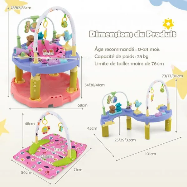 Table d'Activité Bébé Pliable 3 en 1 Trotteur Évolutif Tapis d’Eveil Siège Rotatif 360° Hauteur Réglable sur 3 Niveaux Rose