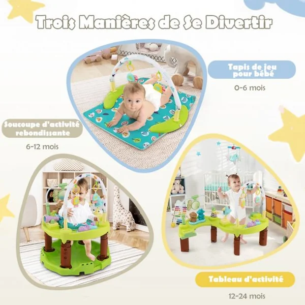 Table d'Activité Bébé Pliable 3 en 1 Trotteur Évolutif Tapis d’Eveil Siège Rotatif 360° Hauteur Réglable sur 3 Niveaux Vert