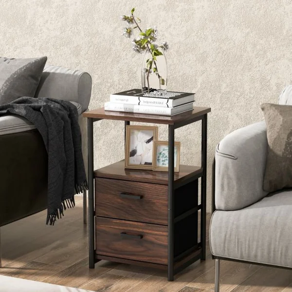 Table d’Appoint 2 Tiroirs en Tissu Non-tissé Amovibles 34 x 30 x 58 cm (L x l x H) Style Industrielle Cadre en Métal