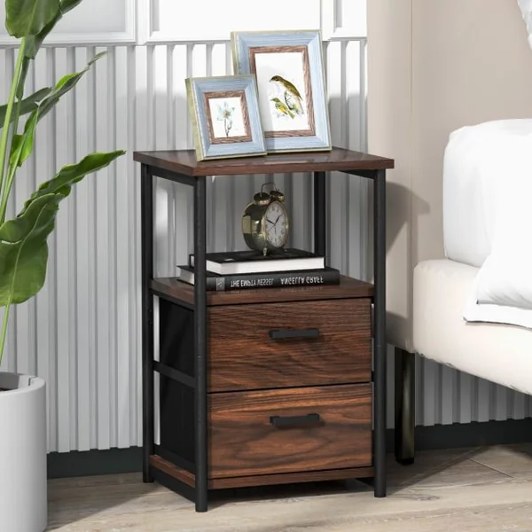 Table d’Appoint 2 Tiroirs en Tissu Non-tissé Amovibles 34 x 30 x 58 cm (L x l x H) Style Industrielle Cadre en Métal