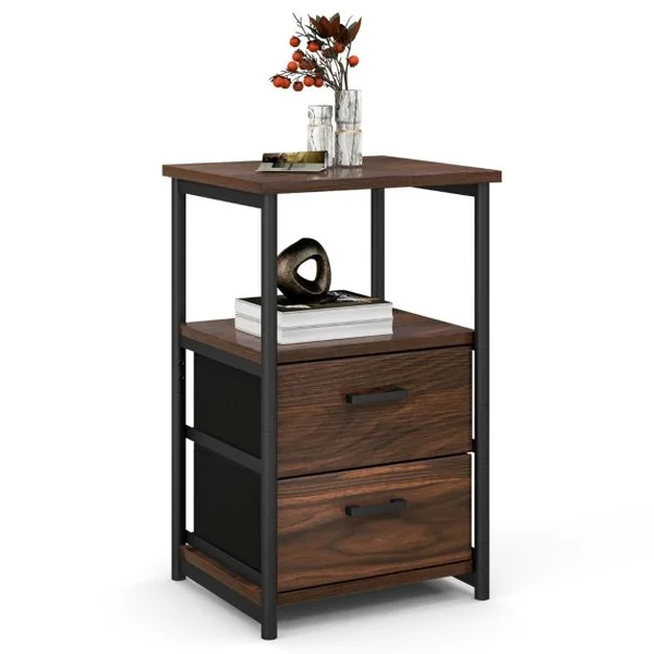 Table d’Appoint 2 Tiroirs en Tissu Non-tissé Amovibles 34 x 30 x 58 cm (L x l x H) Style Industrielle Cadre en Métal