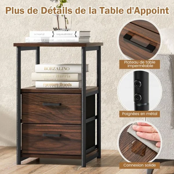 Table d’Appoint 2 Tiroirs en Tissu Non-tissé Amovibles 34 x 30 x 58 cm (L x l x H) Style Industrielle Cadre en Métal