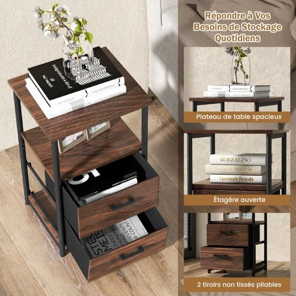 Table d’Appoint 2 Tiroirs en Tissu Non-tissé Amovibles 34 x 30 x 58 cm (L x l x H) Style Industrielle Cadre en Métal