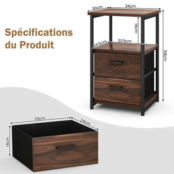 Table d’Appoint 2 Tiroirs en Tissu Non-tissé Amovibles 34 x 30 x 58 cm (L x l x H) Style Industrielle Cadre en Métal