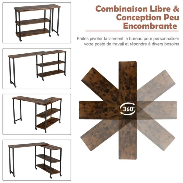 Table d'Appoint Ajustable Rotative à 360° Table Mobile pour Ordinateur Portable avec 6 Roulettes Universelles 101x82,5x72,5CM