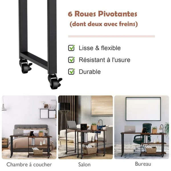 Table d'Appoint Ajustable Rotative à 360° Table Mobile pour Ordinateur Portable avec 6 Roulettes Universelles 101x82,5x72,5CM