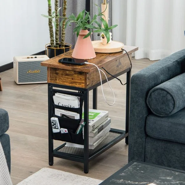 Table d'Appoint avec Prise d’Alimentation Dessus Rabattable Pochette en Tissu 60 x 30 x 58,5 cm Marron Rustique et Noir