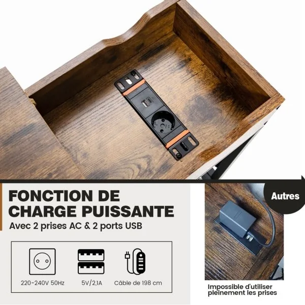 Table d'Appoint avec Prise d’Alimentation Dessus Rabattable Pochette en Tissu 60 x 30 x 58,5 cm Marron Rustique et Noir