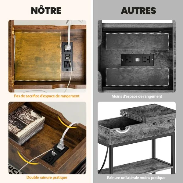 Table d'Appoint avec Prise d’Alimentation Dessus Rabattable Pochette en Tissu 60 x 30 x 58,5 cm Marron Rustique et Noir