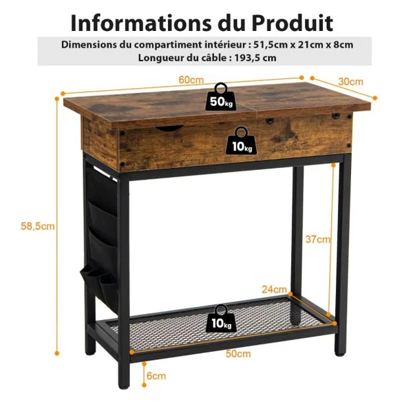 Table d'Appoint avec Prise d’Alimentation Dessus Rabattable Pochette en Tissu 60 x 30 x 58,5 cm Marron Rustique et Noir