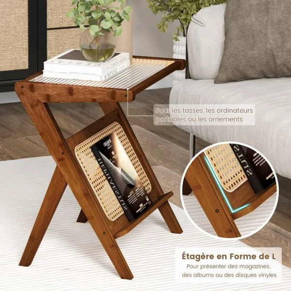 Table d'Appoint Boho avec Porte-revues Table de Chevet Polyvalente en Bambou avec Plateau en Verre Trempé Table d'Appoint en Forme de Z avec Étagère en Rotin Café