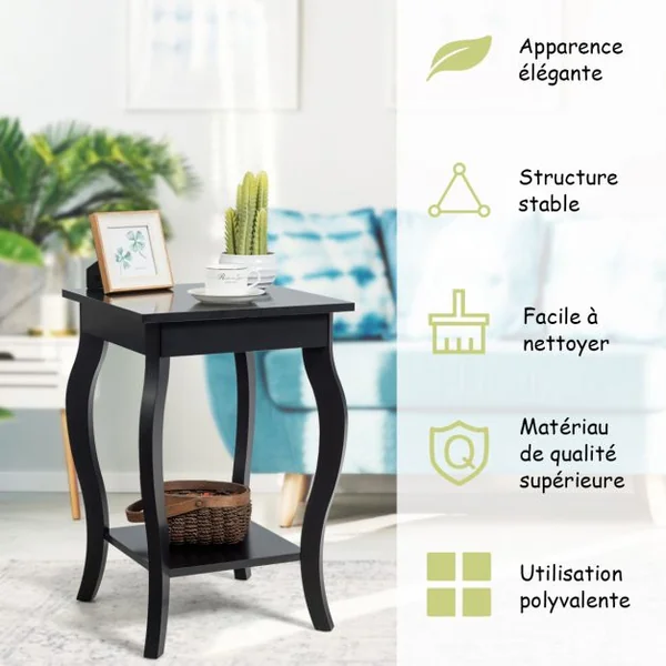 Table d'Appoint Bout de Canapé 2 Niveaux Table de Chevet Carrée avec Patins Antidérapants pour Chambre Salon 40 x 40 x 60 cm Noir