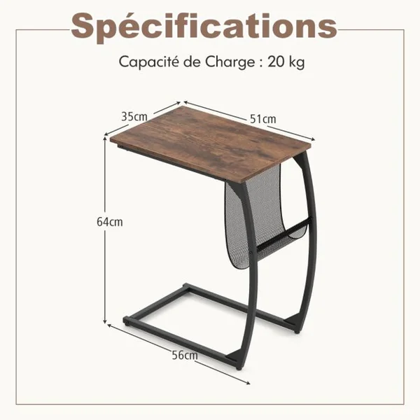 Table d'Appoint Bout de Canapé de Style Industriel Moderne Cadre en Métal 52 x 35 x 63 CM pour Salon Chambre Balcon