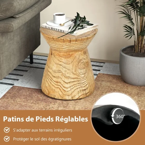 Table d'Appoint Bout de Canapé en Roche Tabouret avec Revêtement de Grain de Bois Patins Réglables 37x37x43cm pour Salon Jardin