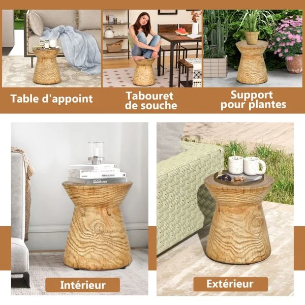 Table d'Appoint Bout de Canapé en Roche Tabouret avec Revêtement de Grain de Bois Patins Réglables 37x37x43cm pour Salon Jardin