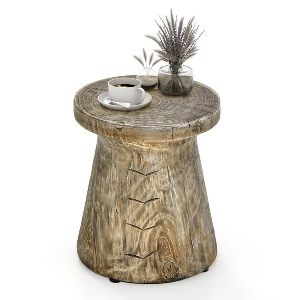 Table d'Appoint Bout de Canapé en Roche Tabouret Rustique avec Revêtement de Grain de Bois Forme de Champignon Patins Réglables 37x37x43cm pour Salon Jardin