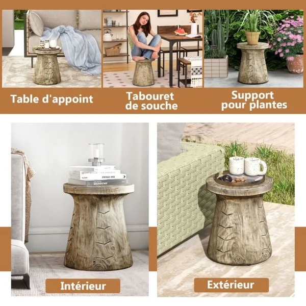 Table d'Appoint Bout de Canapé en Roche Tabouret Rustique avec Revêtement de Grain de Bois Forme de Champignon Patins Réglables 37x37x43cm pour Salon Jardin