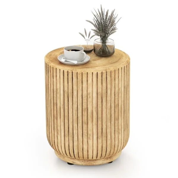 Table d'Appoint Bout de Canapé en Roche Tabouret Rustique avec Revêtement de Grain de Bois Forme de Souche Arbre Patins Réglables 37x37x43cm pour Salon Jardin