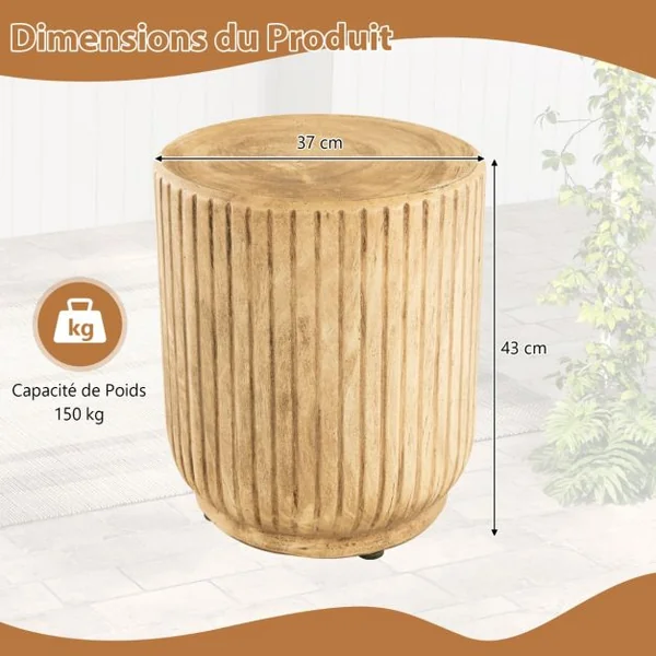 Table d'Appoint Bout de Canapé en Roche Tabouret Rustique avec Revêtement de Grain de Bois Forme de Souche Arbre Patins Réglables 37x37x43cm pour Salon Jardin