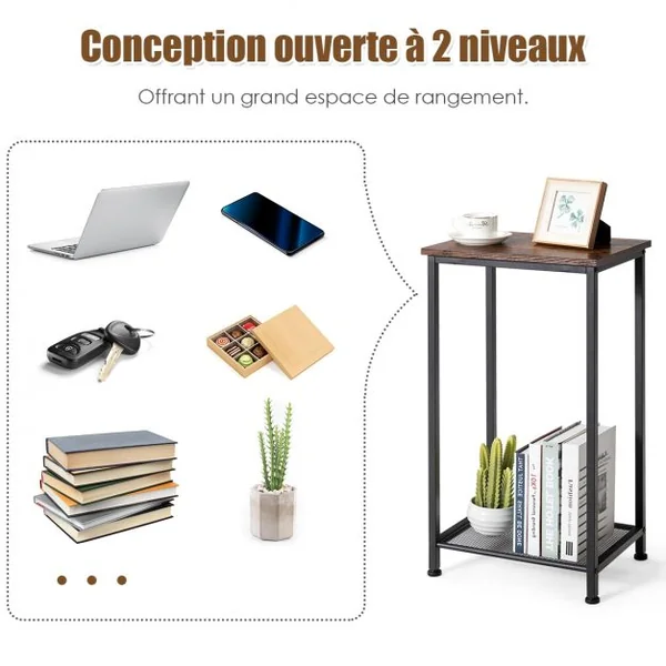 Table d'appoint Bout de Canapé Industriel avec Étagère en Treillis Pied Ajustable 40 x 30 x 73 CM
