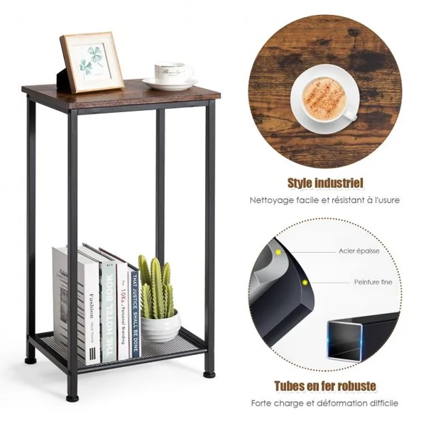 Table d'appoint Bout de Canapé Industriel avec Étagère en Treillis Pied Ajustable 40 x 30 x 73 CM