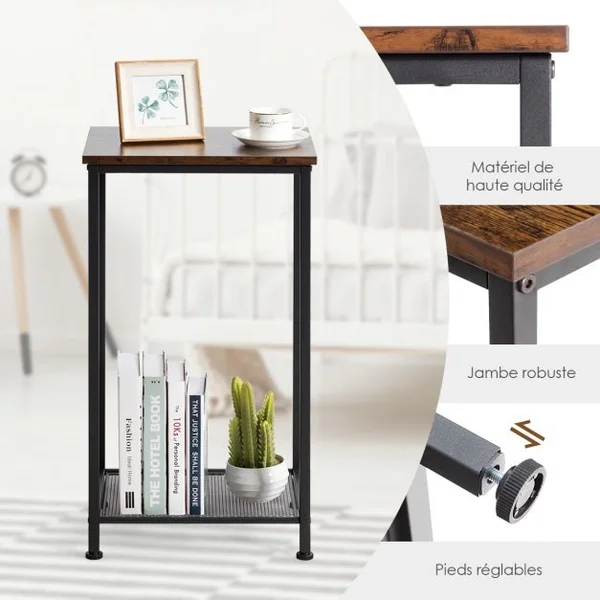 Table d'appoint Bout de Canapé Industriel avec Étagère en Treillis Pied Ajustable 40 x 30 x 73 CM