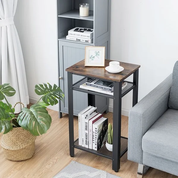 Table d'appoint Bout de Canapé Industriel avec Étagère en Treillis Pied Ajustable 45 x 35 x 75 CM